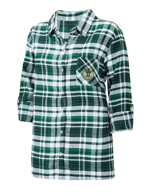 Women's Concepts Sport Mainstay Flannel Milwaukee Bucks Nightshirt In Green - Front View
