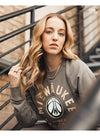 Women's Sportiqe Crew Neck Ashlyn Hilltop Pewter Milwaukee Bucks Sweatshirt In Grey - Front View On Model