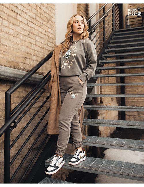 Women's Sportiqe Jogger Jo Tempos Pewter Milwaukee Bucks Pants In Grey - Front View On Model