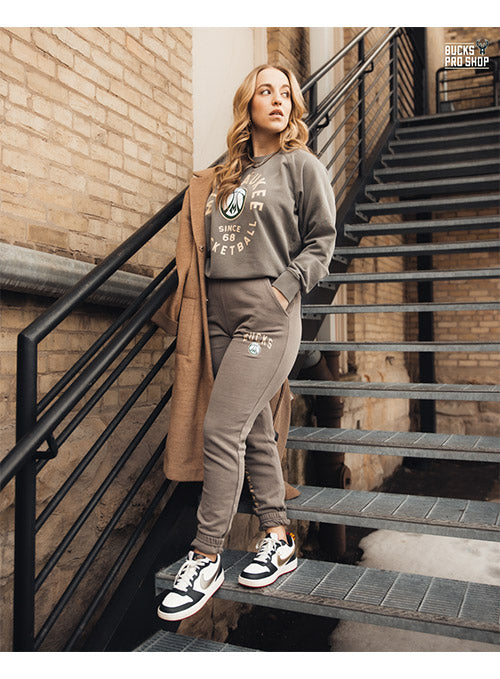 Women's Sportiqe Jogger Jo Tempos Pewter Milwaukee Bucks Pants In Grey - Front View On Model