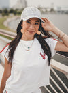 Women's Lusso Margot Milwaukee Bucks Crop T-Shirt In White & Red - Shirt On Model