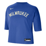 Women's Nike 2022-23 City Edition Courtside Crop Boxy Royal Milwaukee Bucks T-Shirt In Blue & Cream - Front View