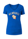 Women's New Era 2022-23 NBA City Edition Double Hit Milwaukee Bucks V-Neck T-Shirt