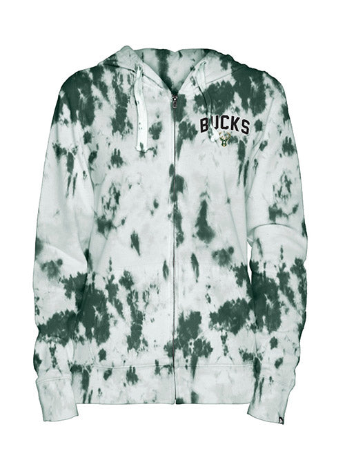 Women's New Era Lounge Dye Milwaukee Bucks Full Zip Hooded Sweatshirt In White & Green - Front View