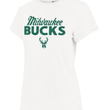 Women's '47 Brand Frankie Sandstone Moment Milwaukee Bucks T-Shirt In White & Green - Front View