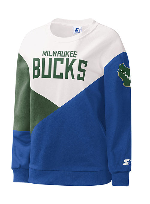 Women's Shutout Terry Milwaukee Bucks Crewneck Sweatshirt In Blue, White & Green - Front View
