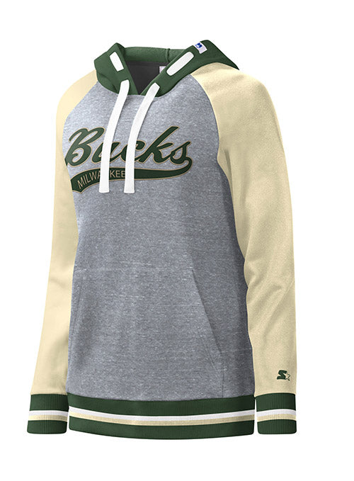 Women's Starter Screen Pass Milwaukee Bucks Hooded Sweatshirt In Grey & Cream - Front View