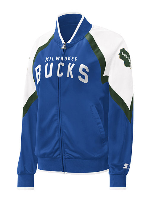 Women's Starter Touch Down Royal Milwaukee Bucks Track Jacket In Blue, White & Green - Front View