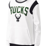 Women's G-III Jump Shot Milwaukee Bucks Crewneck Sweatshirt In White - Front View