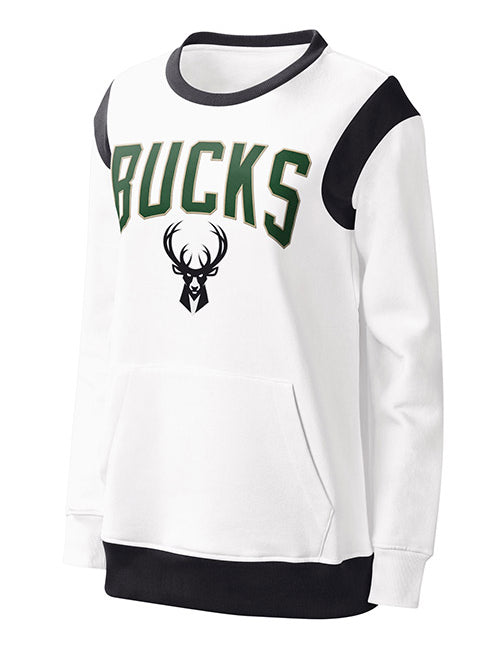 Women's G-III Jump Shot Milwaukee Bucks Crewneck Sweatshirt In White - Front View