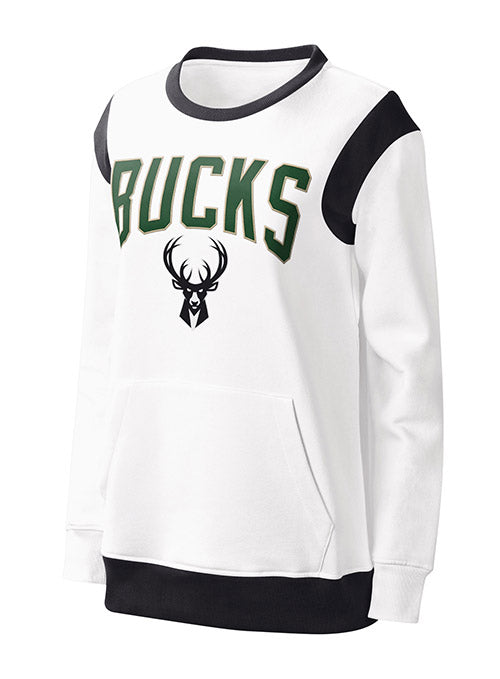 Women's G-III Jump Shot Milwaukee Bucks Crewneck Sweatshirt In White - Front View