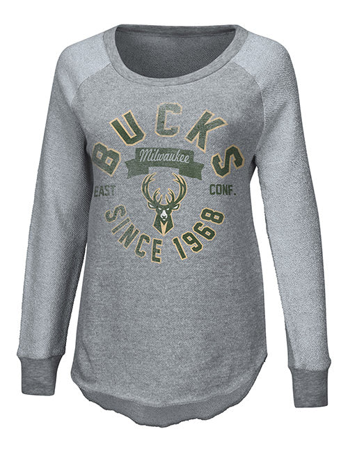 Women's Touch Gridiron Distressed Milwaukee Bucks Crewneck Sweatshirt In Grey - Front View