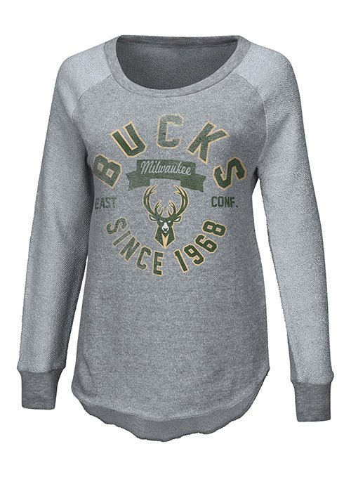 Women's Touch Gridiron Distressed Milwaukee Bucks Crewneck Sweatshirt In Grey - Front View