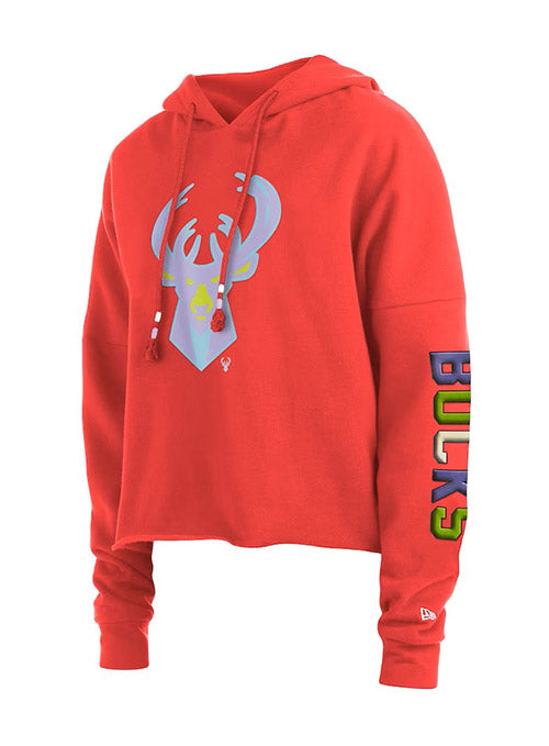 Women's New Era Cropped Bright Red Milwaukee Bucks Hoodie - Front Left Side View
