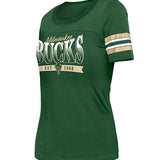 Women's New Era Athletic Stripes Green Milwaukee Bucks T-Shirt in Green - Angled Left Side View