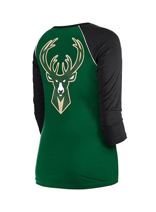 Women's New Era 3/4 Sleeve Athletic GRN/BLK Milwaukee Bucks T-Shirt in Green and Black - Angled Rear Right Side View