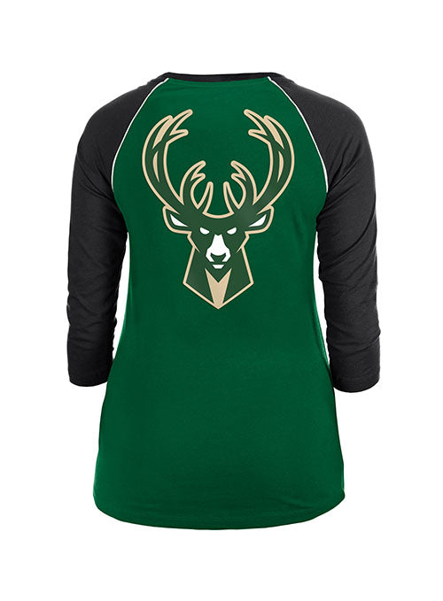 Women's New Era 3/4 Sleeve Athletic GRN/BLK Milwaukee Bucks T-Shirt in Green and Black - Back View
