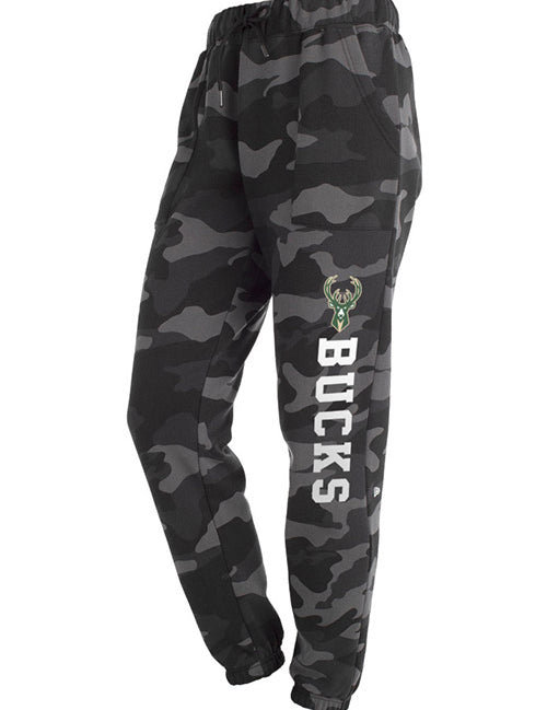 Women's New Era Jogger Dark Camo Word Black Milwaukee Bucks Pants - Front View