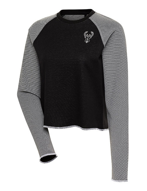 Women's Antigua Play Tonal Icon Milwaukee Bucks Long Sleeve T-Shirt In Black & Grey - Front View