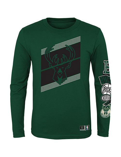 Youth Outerstuff Downforce Defense Milwaukee Bucks Long Sleeve T-Shirt In Green - Front View