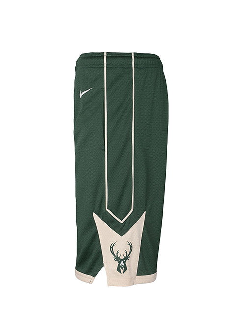 Youth Nike 2022 Icon Milwaukee Bucks Swingman Shorts In Green & Cream - Left Side View