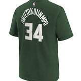 Youth Nike 2022 Icon Edition Giannis Antetokounmpo Milwaukee Bucks T-Shirt In Green - Back View