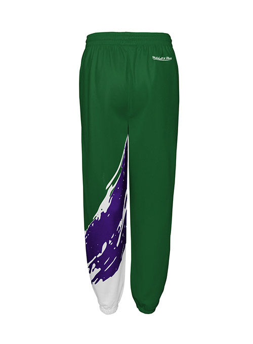 Youth Mitchell & Ness Paintbrush Milwaukee Bucks Track Pants In Green, Purple & White - Back View