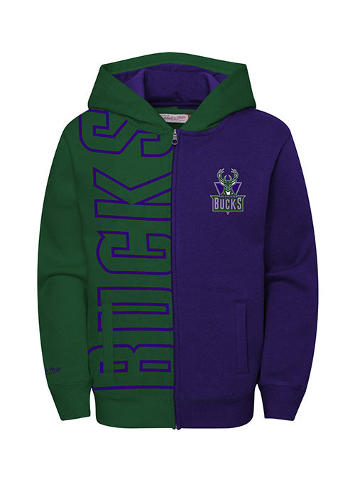 Youth Mitchell & Ness Split Milwaukee Bucks Hooded Sweatshirt In Green & Purple - Front View