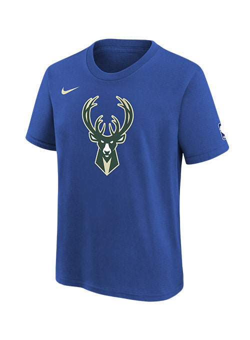 Youth Nike 2022-23 City Edition Essential Logo Milwaukee Bucks T-Shirt In Blue - Front View