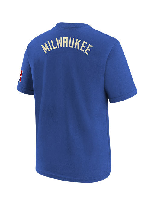 Youth Nike 2022-23 City Edition Courtside Max90 Milwaukee Bucks T-Shirt In Blue - Back View