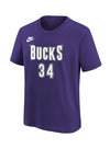 Youth Nike 2022-23 Classic Edition Giannis Antetokounmpo Milwaukee Bucks T-Shirt In Purple & White - Front View