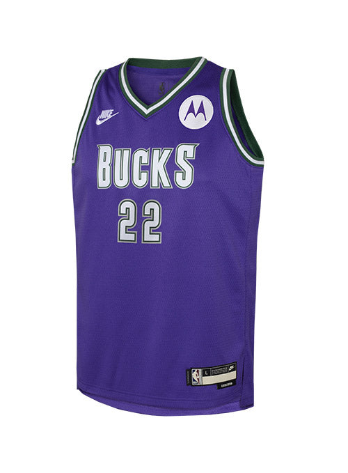 Youth 2022-23 Classic Edition Khris Middleton Milwaukee Bucks In Purple, White & Green - Front View