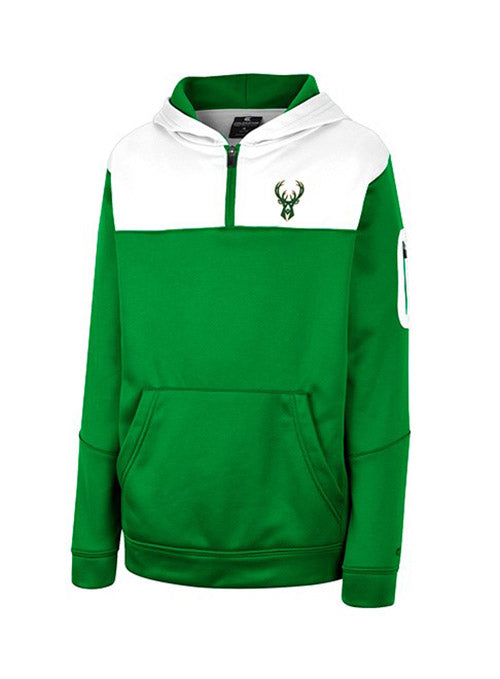 Youth Max Milwaukee Bucks 1/4 Zip Hooded Sweatshirt In Green & White - Front View