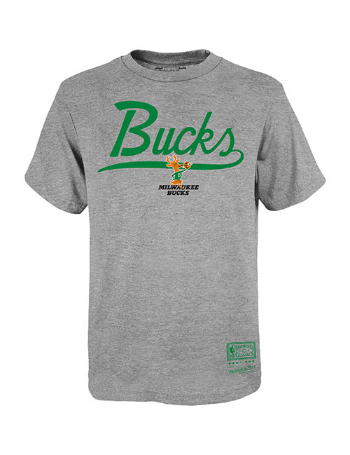 Youth Mitchell & Ness HWC '68 Tailgate Milwaukee Bucks T-Shirt In Grey - Front View