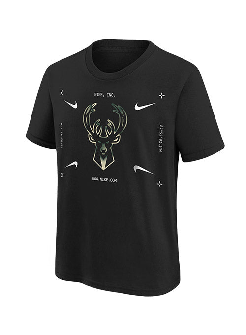 Youth Nike ESS ATC Logo 2 Milwaukee Bucks T-Shirt In Black - Front View