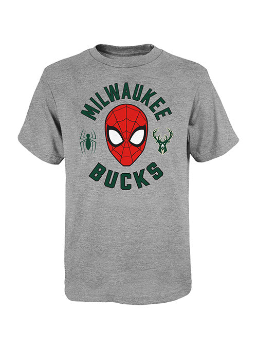 Youth Mighty Spidey Milwaukee Bucks T-Shirt In Grey - Front View