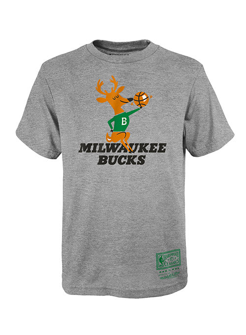 Youth Mitchell & Ness HWC '68 Retro Logo Milwaukee Bucks T-Shirt In Grey - Front View