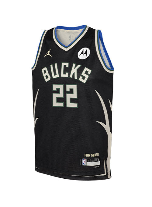 Youth Jordan 2022 Statement Edition Khris Middleton Milwaukee Bucks Swingman Jersey In Black - Front View