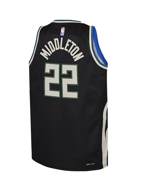 Youth Jordan 2022 Statement Edition Khris Middleton Milwaukee Bucks Swingman Jersey In Black - Back View