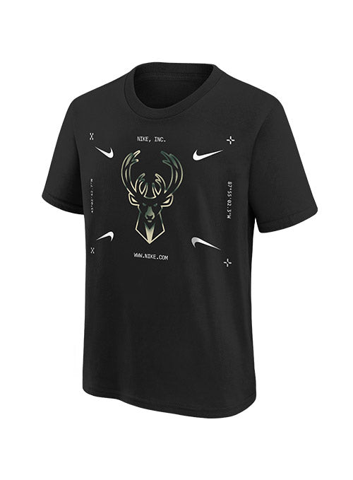 Juvenile Nike ESS ATC Logo 2 Milwaukee Bucks T-Shirt In Black - Front View