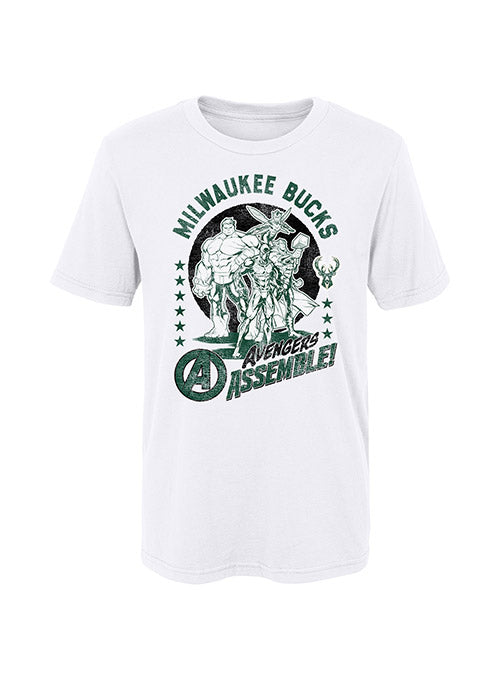 Juvenile Outerstuff Avengers Squad Milwaukee Bucks T-Shirt In White - Front View