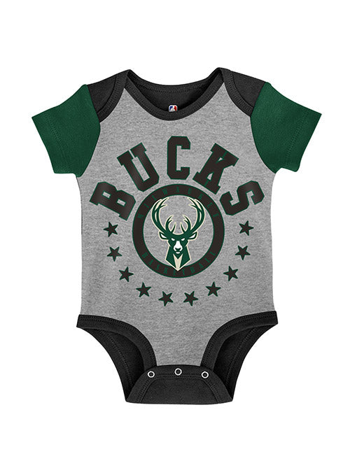 Newborn Outerstuff Scoring Streak Milwaukee Bucks 3-Piece Onesie Set IN Grey, Black & Green - Onesie Front View
