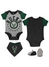 Newborn Outerstuff Scoring Streak Milwaukee Bucks 3-Piece Onesie Set In Grey, Black & Green - Combined Set View