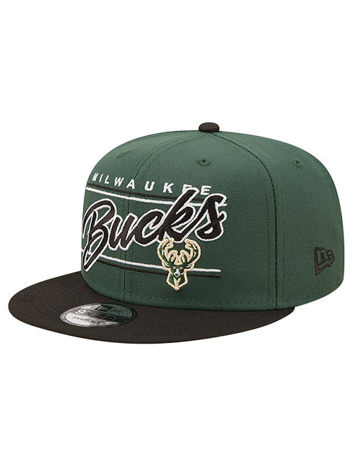 New Era 9Fifty Team Script D3 Milwaukee Bucks Snapback Hat In Green & Black - Angled Left Side View