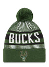 New Era Cuff Pom Striped D3 Green Milwaukee Bucks Knit Hat In Green, White & Black - Front View