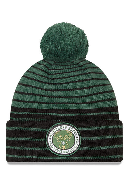 Youth New Era Cuff Pom Patch D3 Milwaukee Bucks Knit Hat In Green & Black - Front View