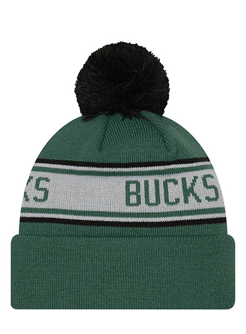 New Era Cuff Pom Repeat D3 Milwaukee Bucks Knit Hat In Green, Grey & Black - Back View