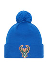 Youth New Era 2022-23 City Edition Icon OTC Cuff Pom Milwaukee Bucks Knit Hat In Blue - Front View