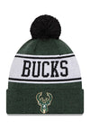 New Era Banner Cuff Pom Milwaukee Bucks Knit Hat In Green, White & Black - Front View