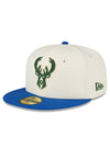 New Era 2022-23 City Edition 59Fifty Icon Milwaukee Bucks Fitted Hat In Cream & Blue - Angled Left Side View